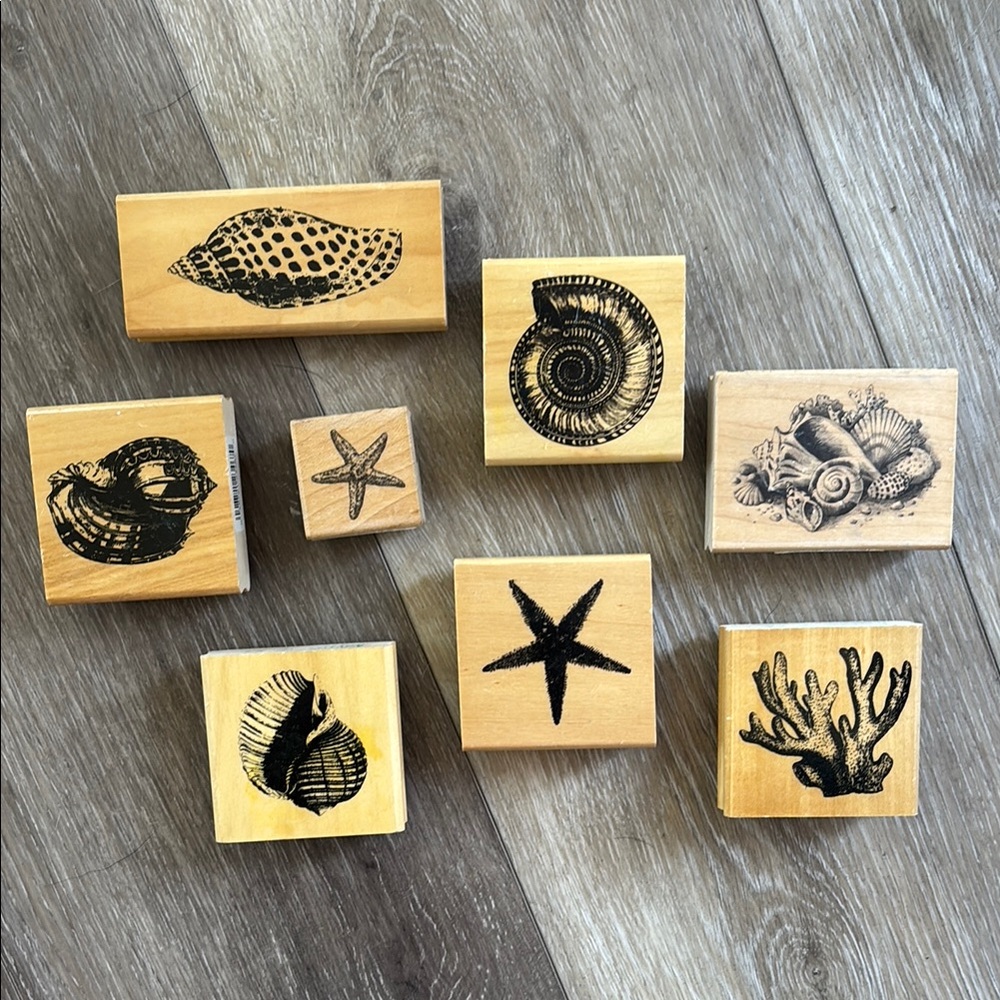 Natural Wood Stamp Sea Shell Set with Black Design